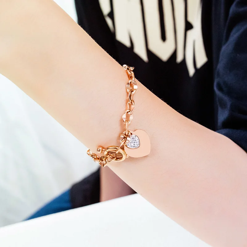 18K Gold Plated Stainless Steel Toggle Clasp Jewelry Cubic Zirconia Heart Charm Bracelet Women