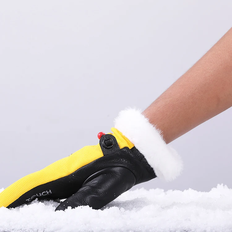 Touch Screen Winter Fur Warm Cow Leather Gloves Driver Outdoor Sport Driving Waterproof Hand