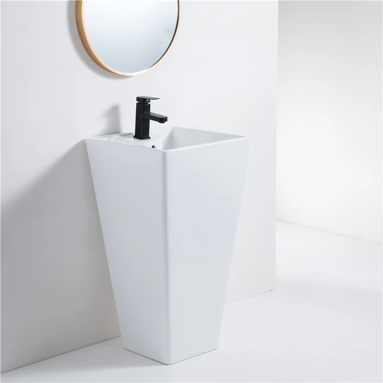 Modern elegant shape free standing square bathroom ceramic washbasin face hand wash pedestal sink basin with pedestal