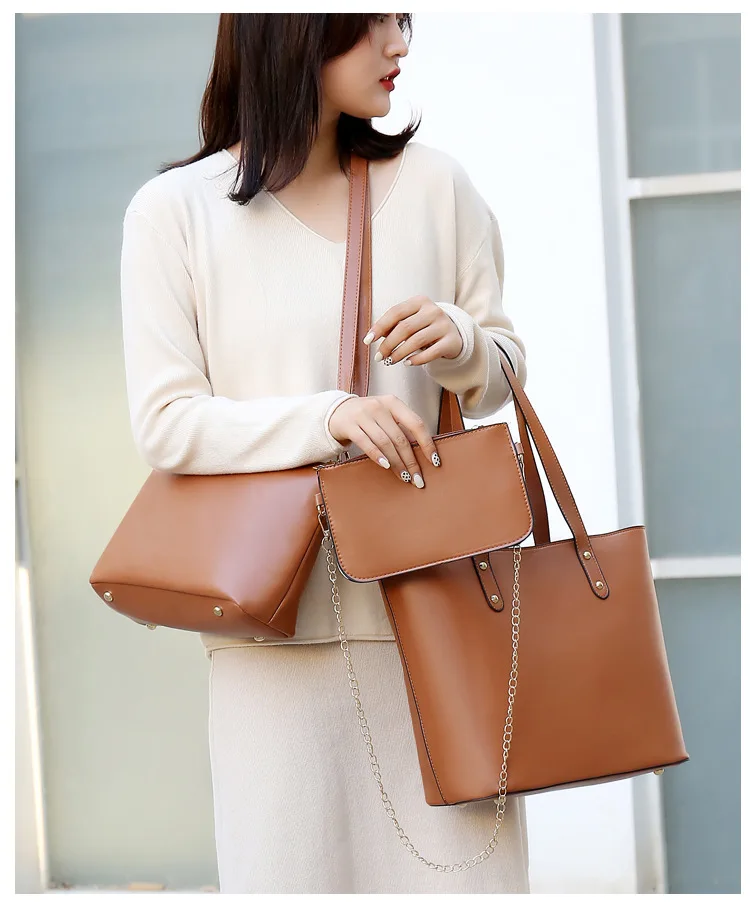 3 in 1 set High quality custom pu leather tote bag with zipper wholesale handbag