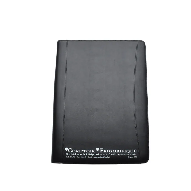 Luxury customized A4 leather document holder zip around with paper pad inside silk printing logo