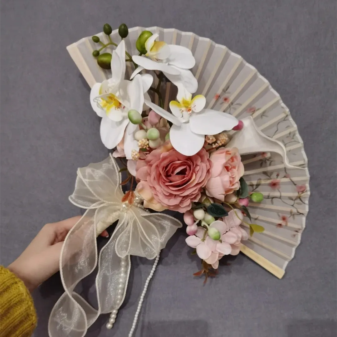 Bridal bouquet Folding Handheld Fan Chinese Style Flower Bridal Hand Fan