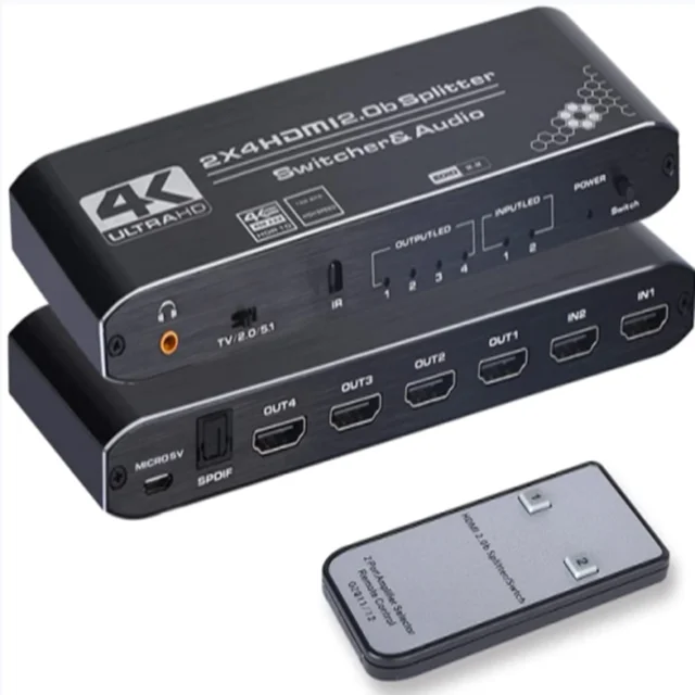 4K@60Hz 2x4 HDMI 2.0 Switch Splitter SPDIF Audio 3.5mm & Scalar 2 in 4 out with IR Remote 4K 3D HDCP2.2 Switch Splitter HDMI