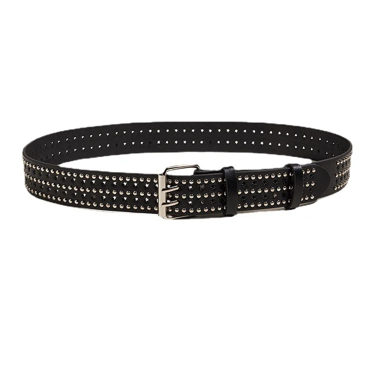 Fashion Star Holes Metal Rivet Belts Retro Punk Studded Black Leather Belts For Jeans