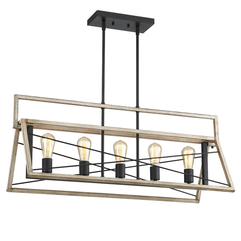 5 Light Farmhouse Linear Chandelier Industrial Pendant Light Modern Chandelier Black and wood finish Kitchen Lighting Fixture