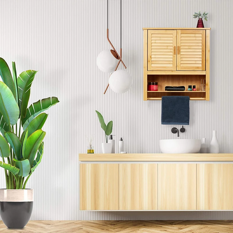 Bathroom Toilet Storage  cabinet Rack Bamboo Wall  storage Cabinet with Towel rack