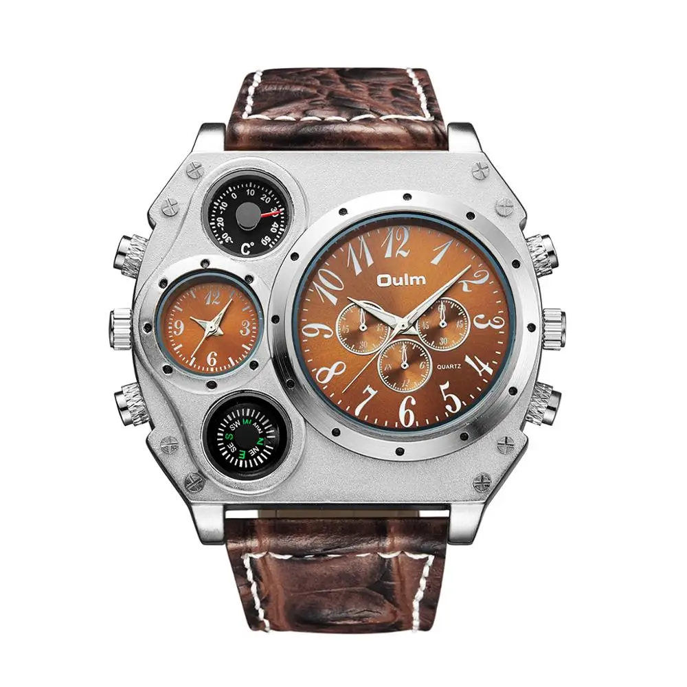 Oulm 1349 classy yellow men quartz watch excel PU Leather Strap dual time Chronograph 24 hour sports watch design