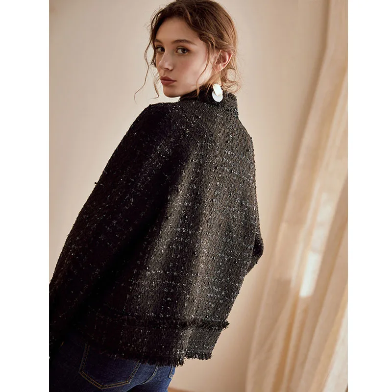 
Autumn and winter Tweed small fragrance black short loose long sleeve black blazer 