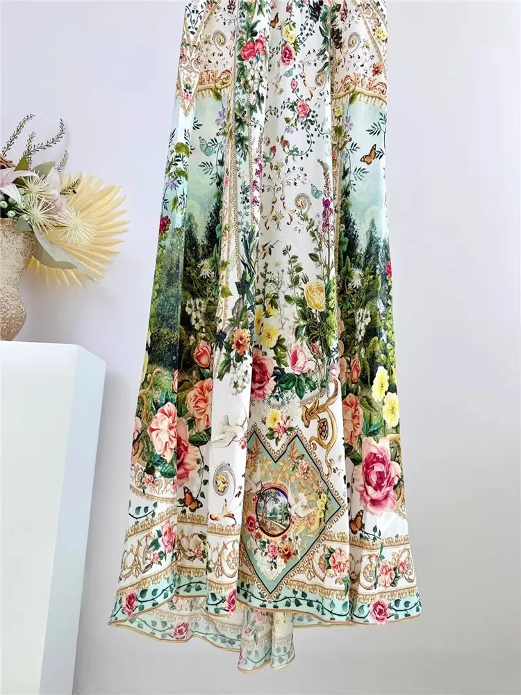 100%Silk Long Dress 2024 Summer Luxury Women Colorful Floral Print Beading Deco Sleeveless Casual Floor Length Dress Beach Maxi