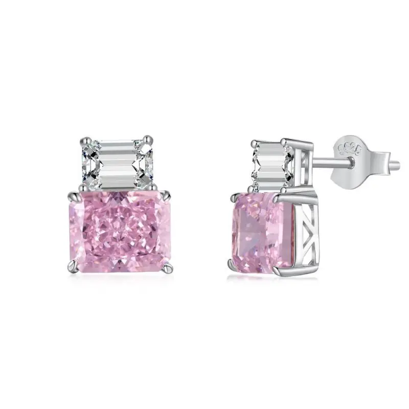S925 Sterling Silver Pink White And Yellow Synthetic Gemstone Zircon Earrings Jewelry Women Clear Stud Earrings