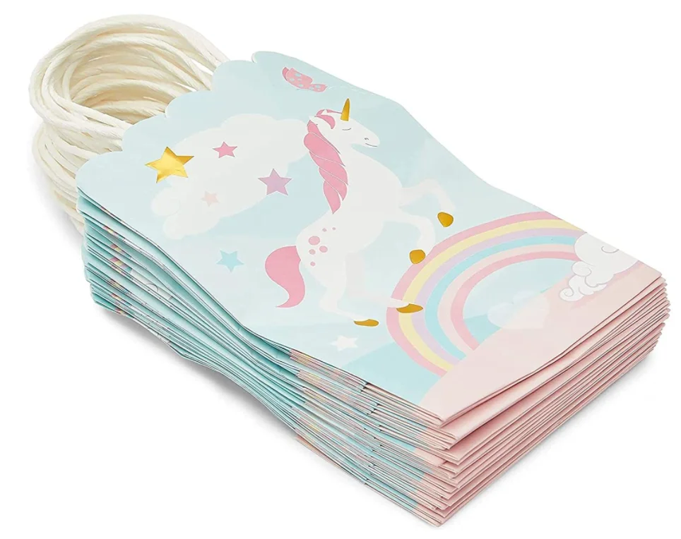 Bulk custom logo cartoon design baby shower birthday colorful foldable cute unicorn kraft paper bags with  handle