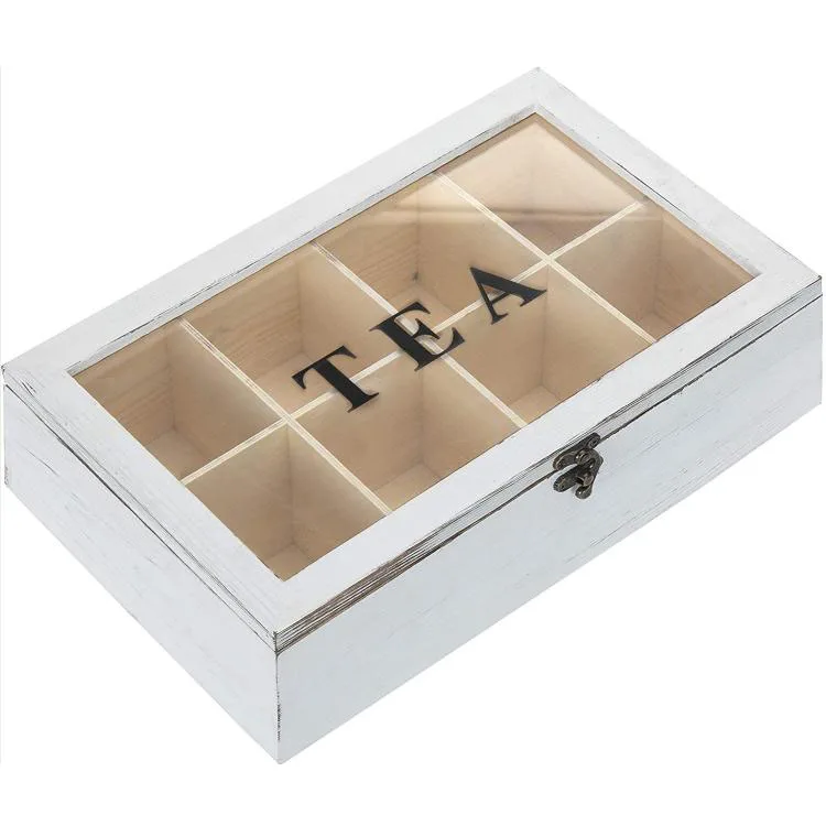 8 compartment vintage white wooden tea bag storage box with lid