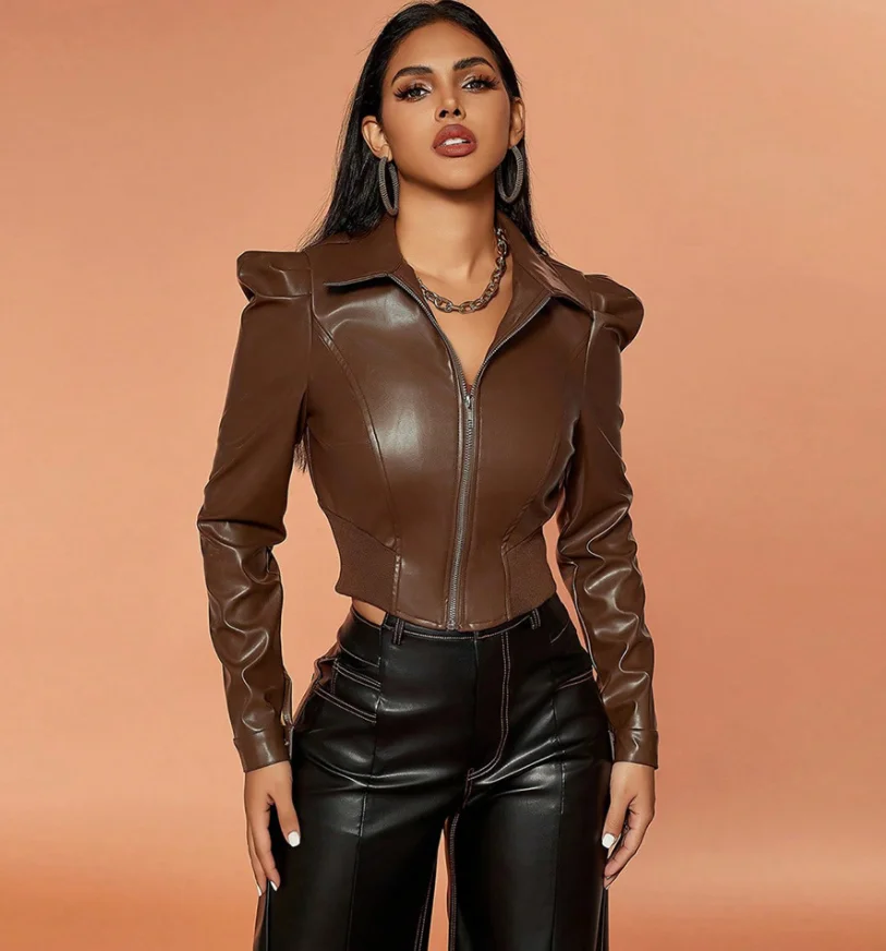 XS size Fashion Bubble Sleeve Short Matte Leather Jacket High Waist Motorcycle Pu Leather Jacket for women