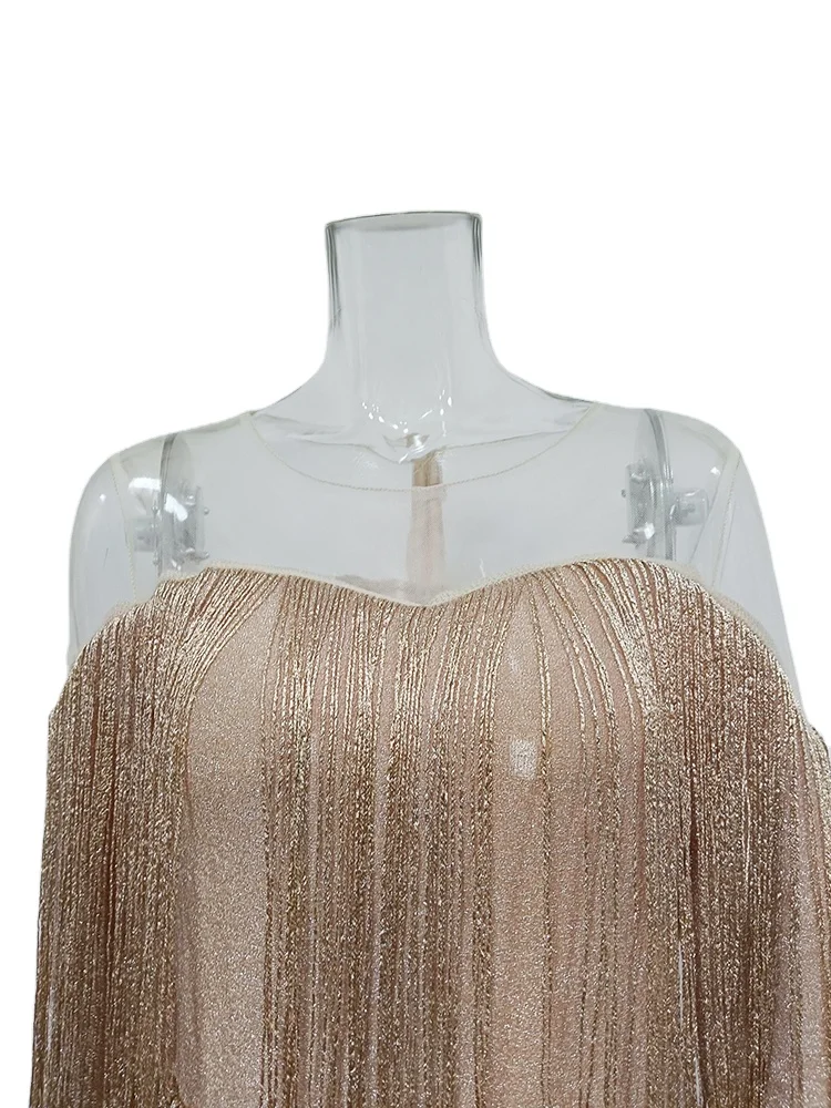 TWOTWINSTYLE Fashionable High Waist Midi Spliced Tassel Sequins Women Dress 2023