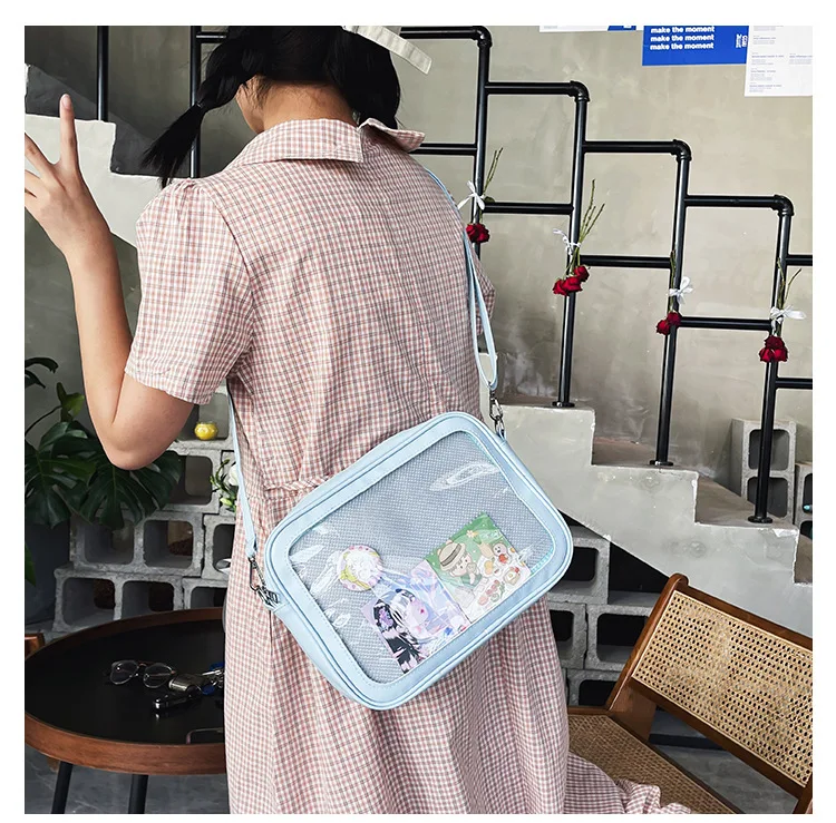 kwaii soft girl Messenger bag cute girl pu with insert shoulder transparent small square bag JK Baji pin ita bag