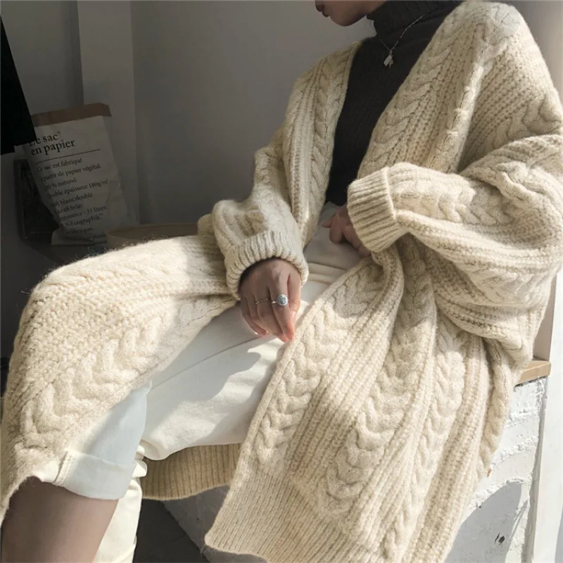 Autumn and winter knitted fashion simple loose twist long women maxi sweater coat cardigan