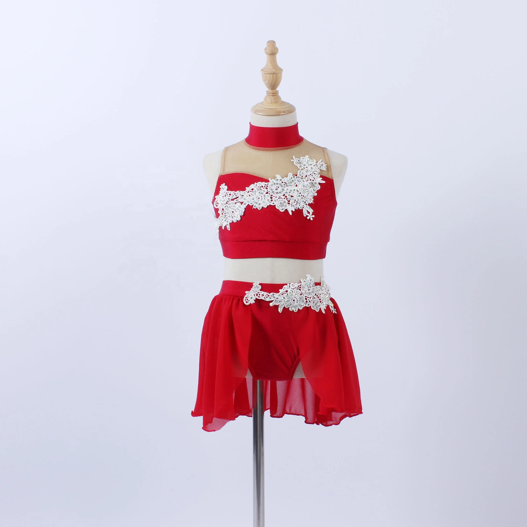 Girls spandex dance leotard two pieces red chiffon skirt practise dance wear Rhinestone applique stage performance dance costume