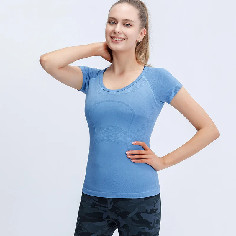 Short Sleeve Jacquard Women Fitness Shirts Custom Logo Seamless Sports T Shirt For Running