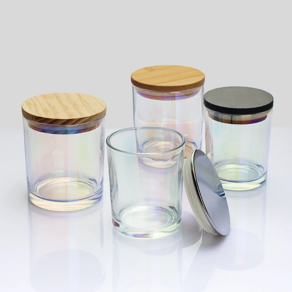 Iridescent Holographic Candle Glfrosted Glass Candle Jar With Wood Lids Candle Jars Glass With Lid