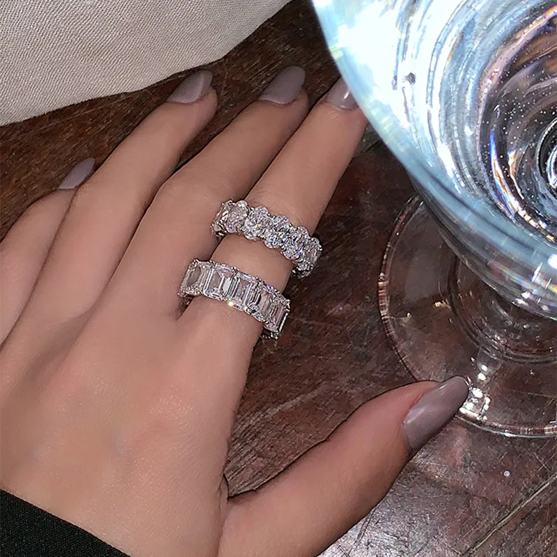 Popular Wholesale Full Circle Unique Silver Jewelry Women Oval Eternity Engagement Wedding Diamond Baguette Ring