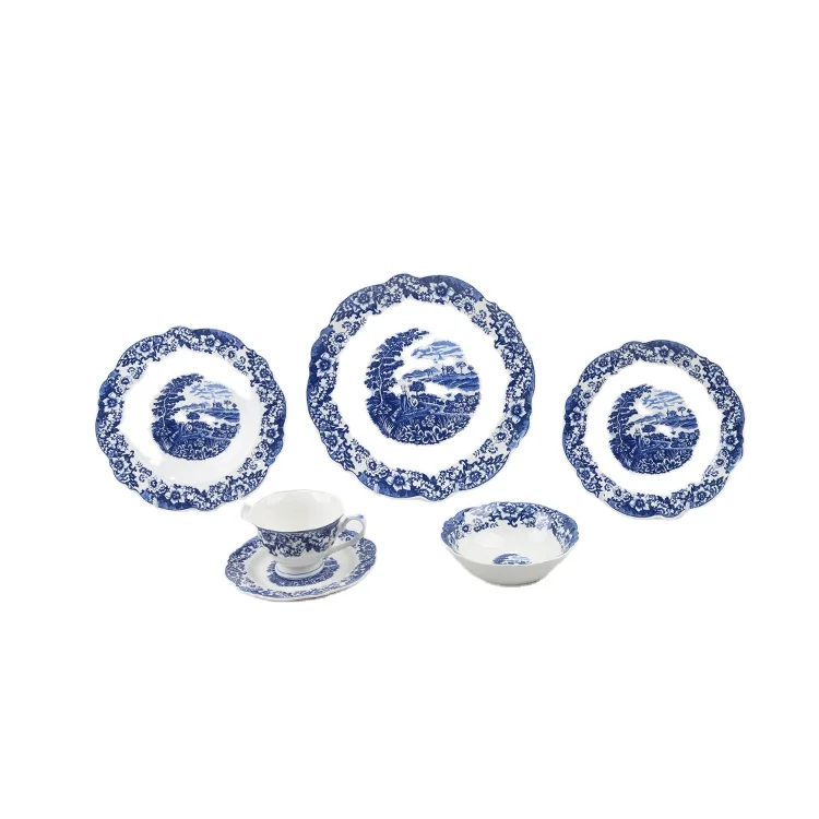 Hot selling ceramic dinnerware set with blue flower  luxury gold rim dinnerware plate