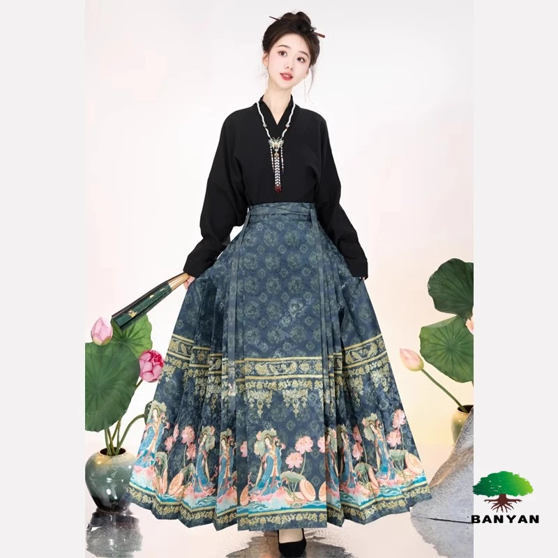 Spring Autumn Styles Slimming Hanfu New Women Adults Original Lotus Immortal Ming Style Horse Face Skirt Hanfu Dress