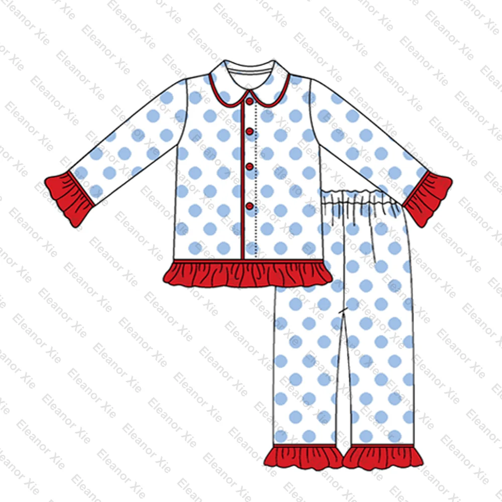 Christmas blue polka dot cotton siblings match kids girls pyjamas set monogram baby toddler onesie pajamas girls nightgown