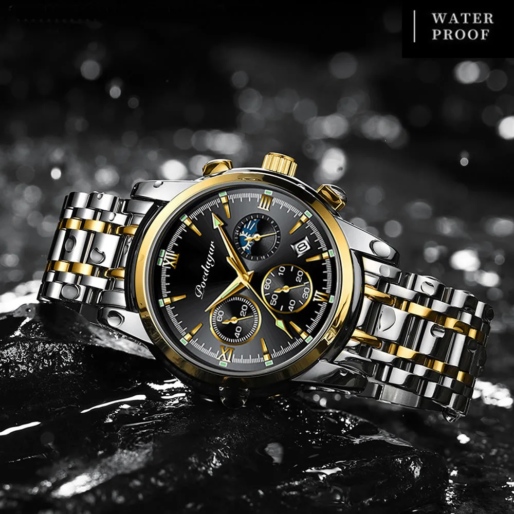 POEDAGAR 805 Three Small Dials Men Watch Waterproof PU Leather Strap Quartz Watches Stainless Steel Band Wristwatch