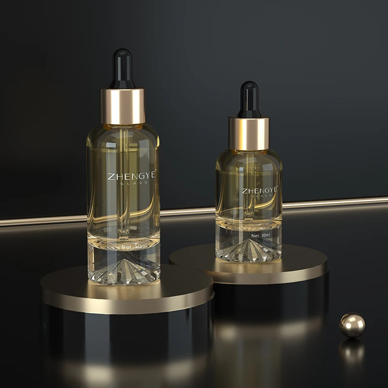 Luxury Custom Round Shape 30ml 50 ml Cosmetic Hair Oil Squeeze Glass Face Serum Essential Oil Dropper Bottle For Oil