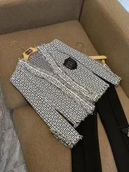 Hot Sale Tassels Edge Retro Black White Coat Long Sleeve Geometric Pattern Knit Cardigan Women Short Jacket