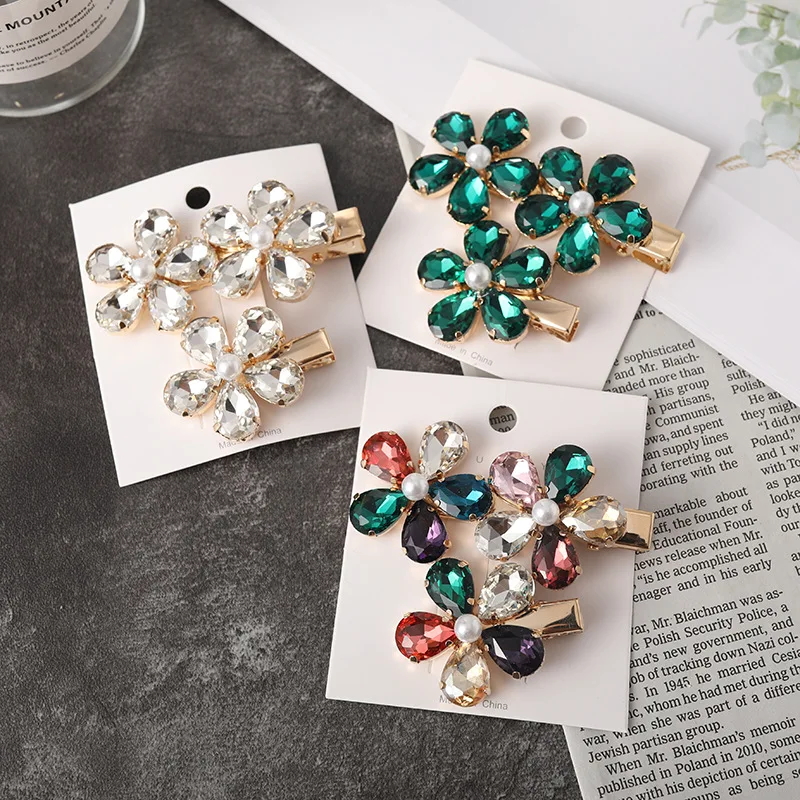 New rhinestone pearl flower barrettes colorful petals bang clip hair accessories
