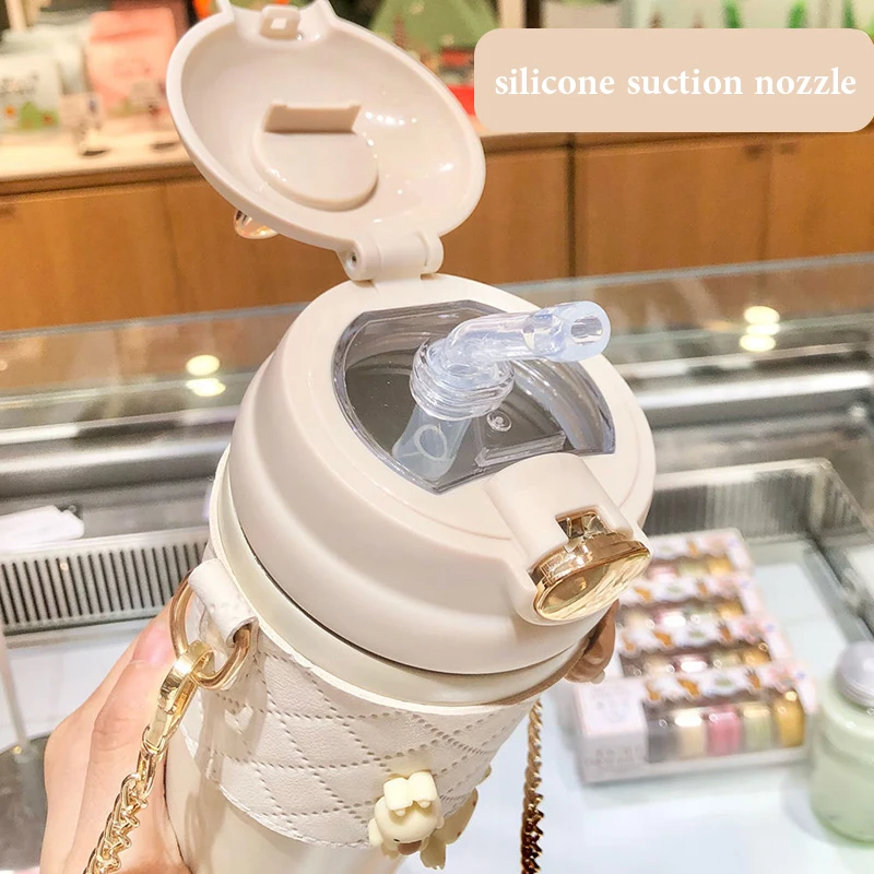 420ml Outdoor Portable Cute Rabbit Water Bottle Flask Thermal Kids Tumblers Cup With Strap And Straw