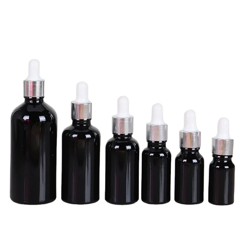 
wholesale 5ml 10ml 15ml 20ml 30ml 50ml 100ml shiny black glass serum dropper bottle for essential oil 