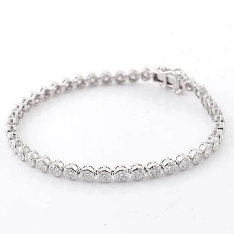 Fine Jewelry 14K Soild Gold Bezel Setting Round Shape 3mm D VVS Moissanite Diamond 6in 7in 8in Tennis Chain Bracelet Ladies