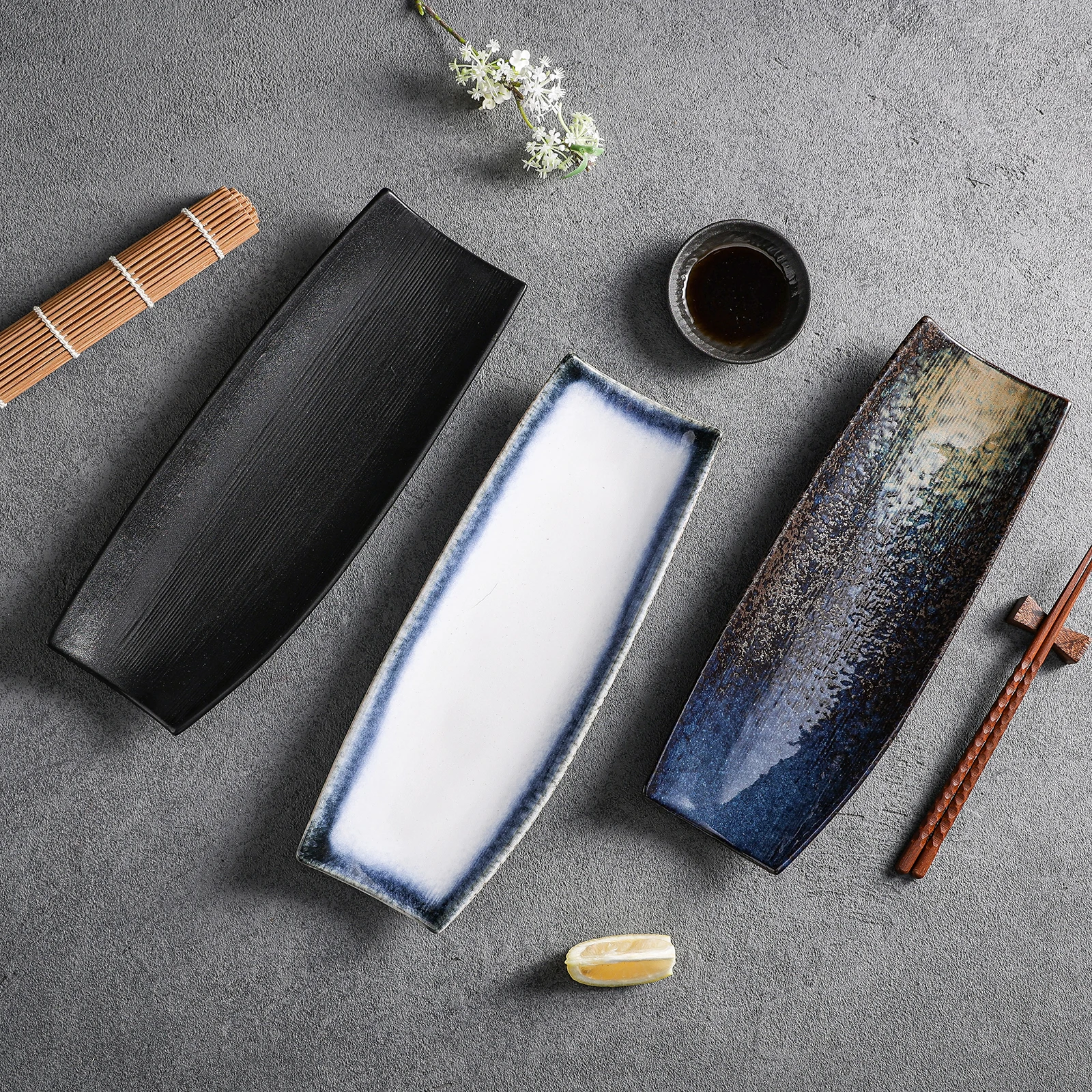 Japanese wholesale dinnerware restaurant hotel Sushi Food Serving Dish Plates rectangular Dessert Tray Boat Sushi Plate