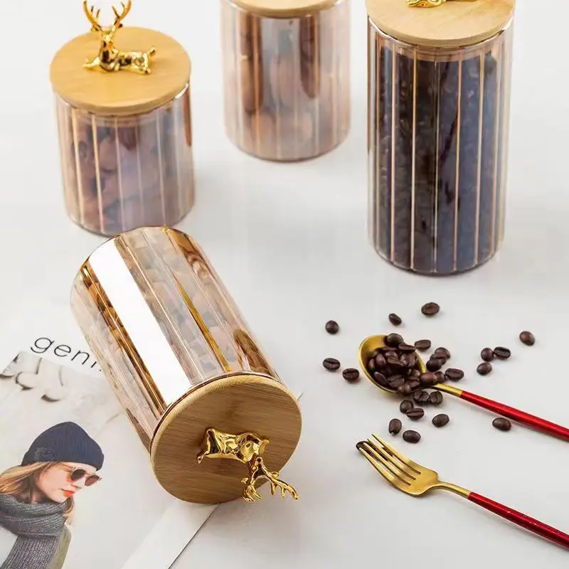 630ml/760ml/950ml/1100ml Kitchen Food Tea Coffee Bar Gold deer Glass Storage Jar With Gold Deer Airtight Bamboo Lid