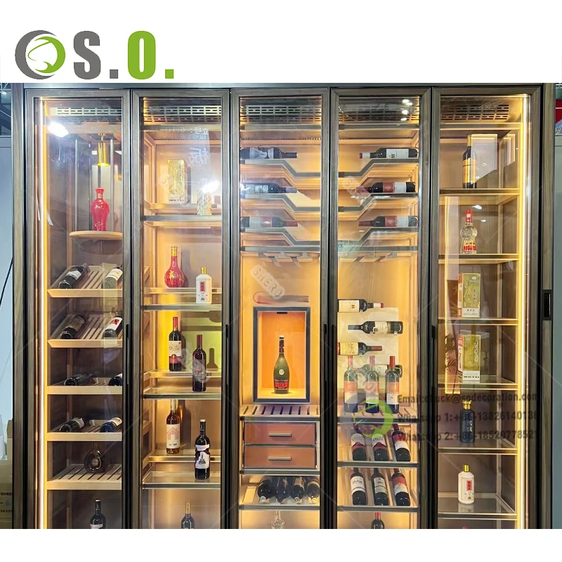 Luxury Whiskey Display Cabinet Liquor Wine Rack Commercial Aluminum Frame Glass Doors Wine Luxury Cabinet With Light