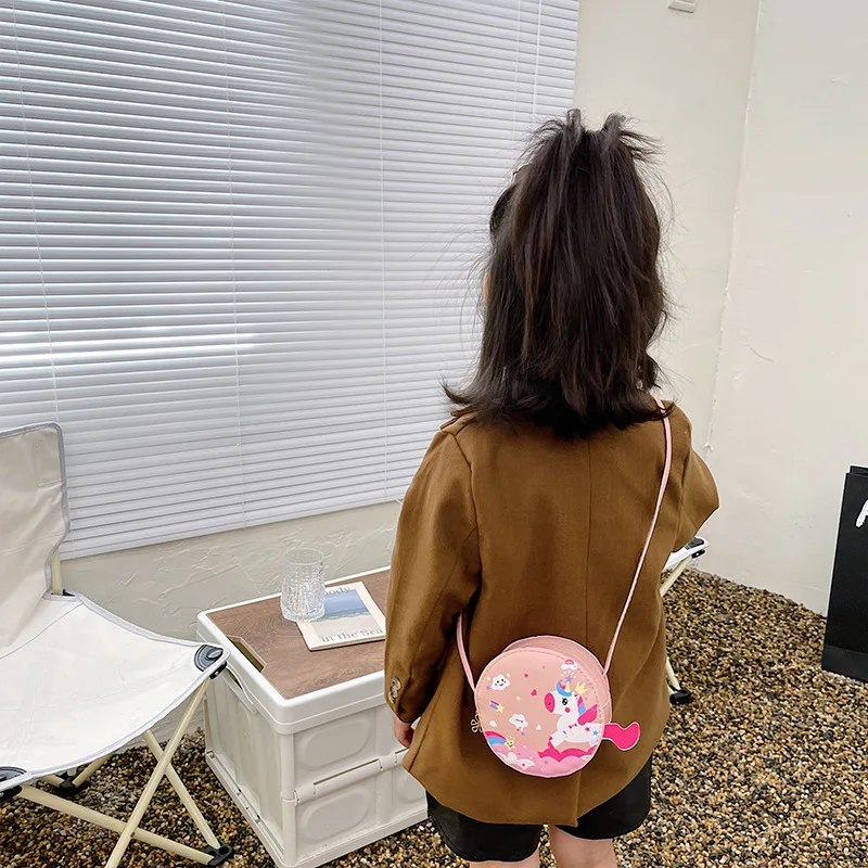 2022 cartoon rainbow horse printed unicorn round lovely baby kids purse mini handbags