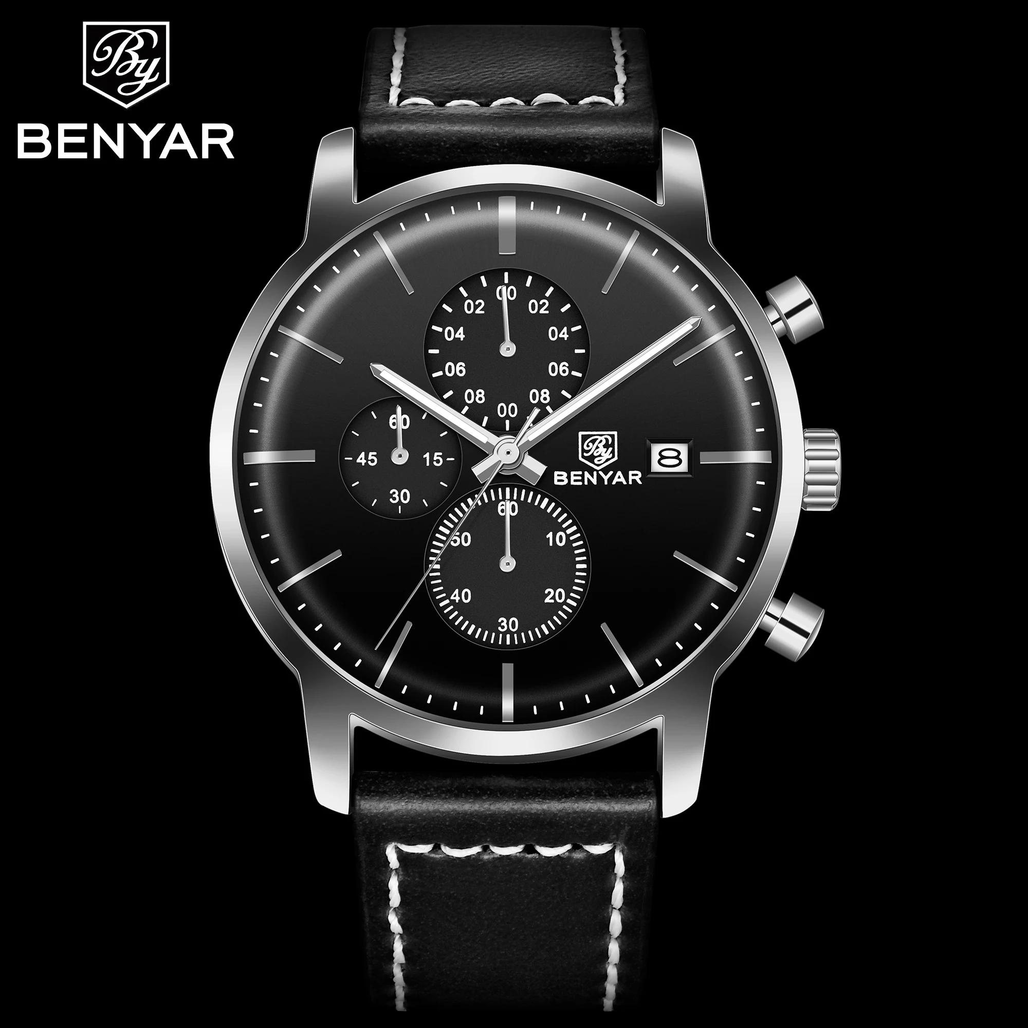 
Benyar 5146 leather strap watches analog watches for men stainless steel back genuine leather quartz watch 