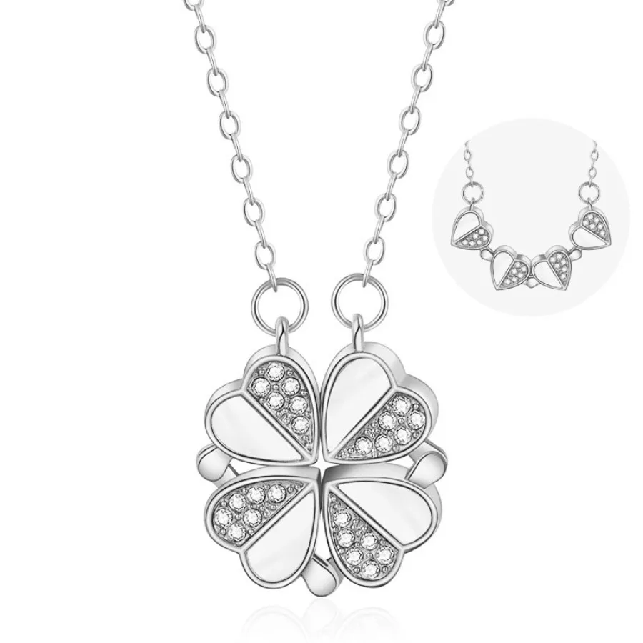 Wholesale Jewelry Fashion Heart Shaped Four Leaf Clover Pendant Magnetic Stainless Steel Zircon Love Clover Necklace for Women