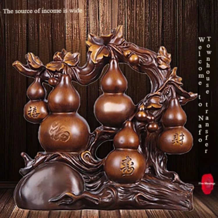 Fortune Longevity Happiness Wealth Gourd Five Blessings Wood Sculptures Crafts Ornaments Living Room Entrance Home Furnishings