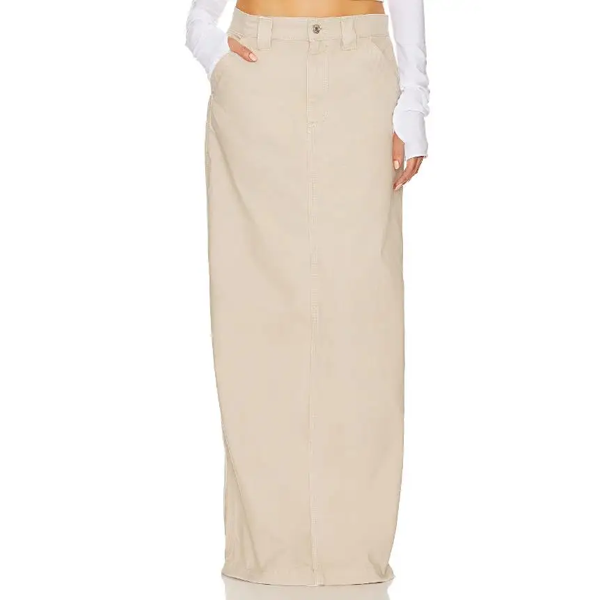 Runwaylover R26 HIGH WAIST LONG DENIM COTTON BACK SLIT BEIGE SKIRT