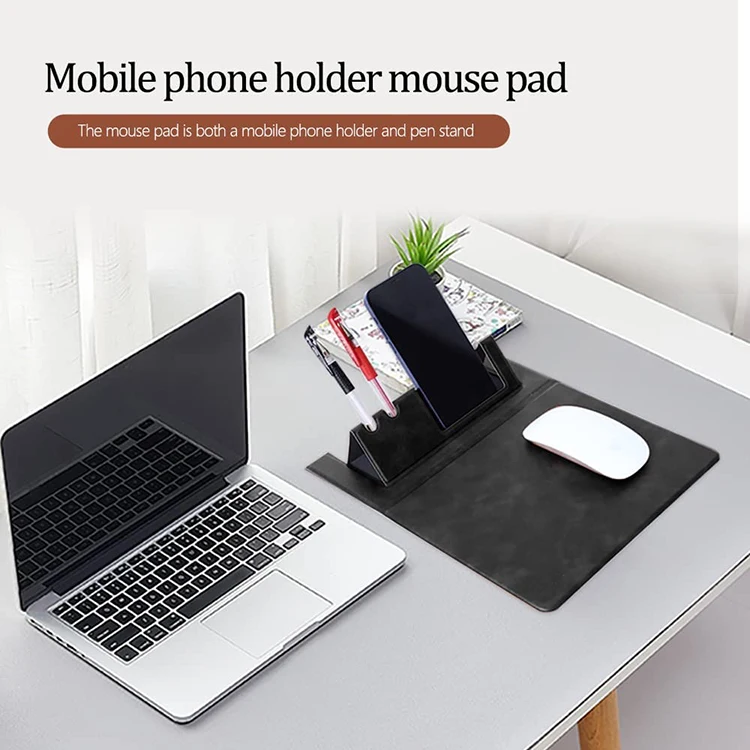 Multifunctional PU Leather Mouse Pad 3-in-1 Phone and Pens Stand Mouse Mat with Non-Slip Base
