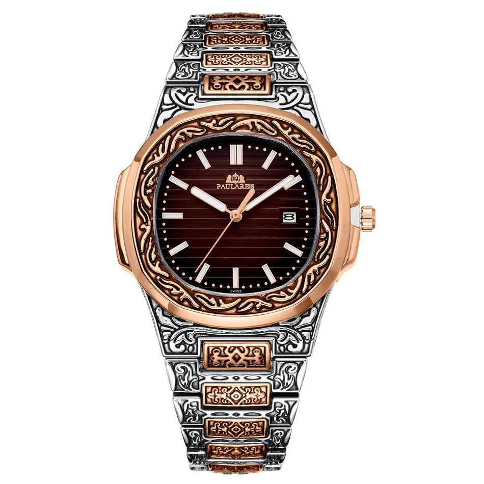 Paulareis Men  Luxury Watch Antique Vintage Luminous  Silver Gradient Blue Grey Fashion Quartz Watches