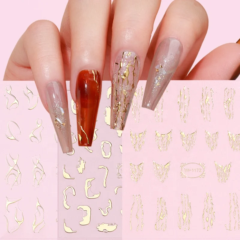 3D Gold Metal Art Decoration Rose Gold Foil Decal Gel Nail Holographic Sticker Custom Sticker Adhesive Nails Salon Professional