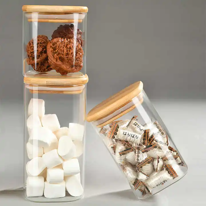 Factory BPA Free Glass Food Storage Jar with Airtight Bamboo Lids for Pasta, Cookies,  Coffee Beans, Cereal, Glass Canisters