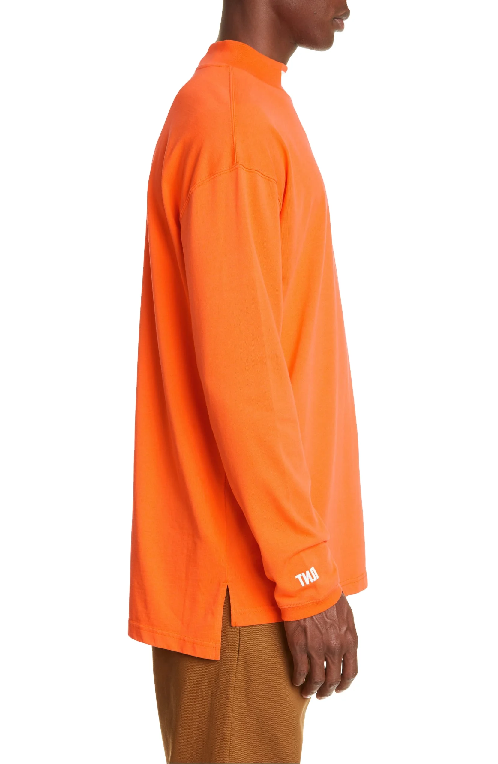 Fashion Wear Heavy Cotton Orange Color Customized Logos Men Mock Neck Long Sleeve