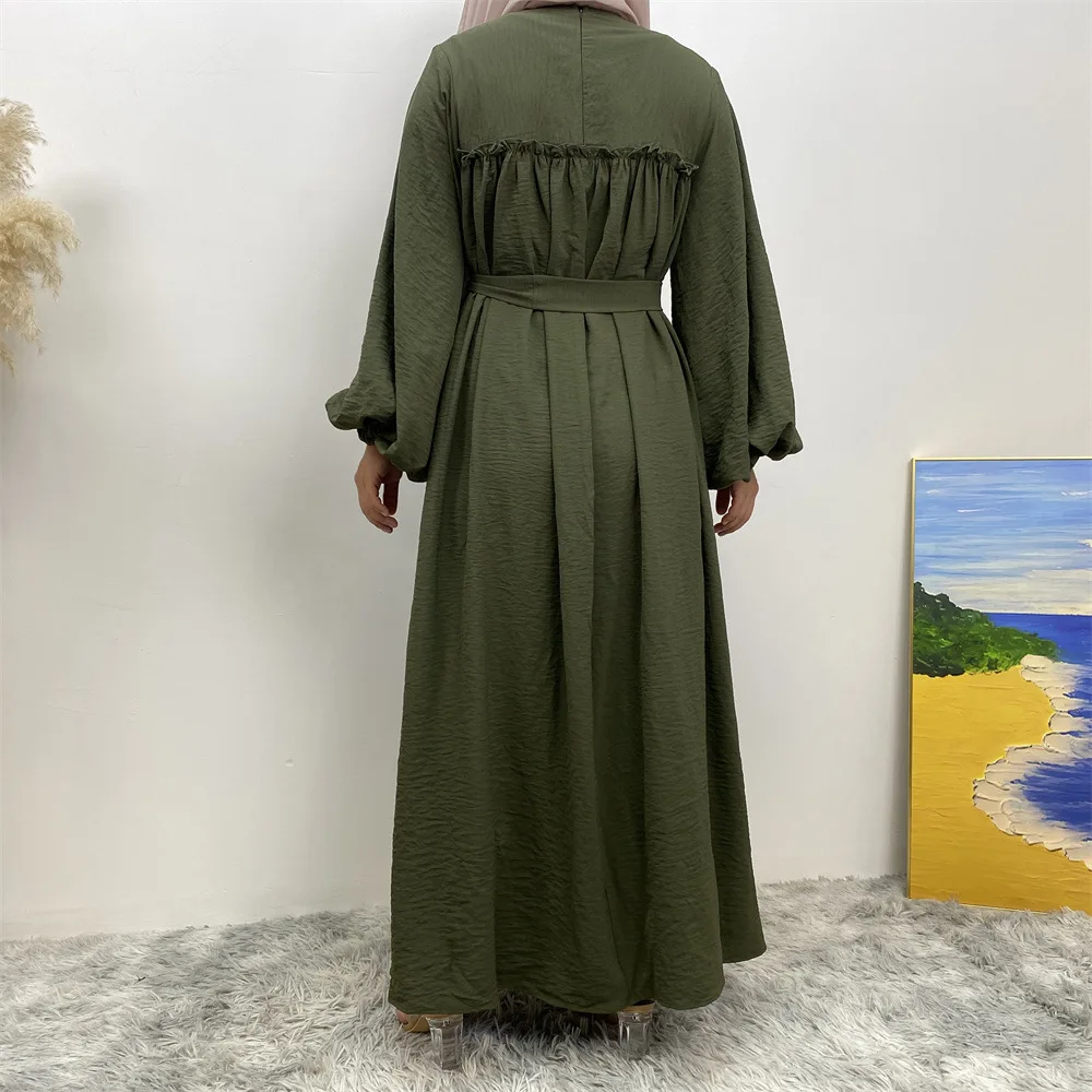 8 Colors Big Loose Sleeves Wrinkle Crepe Crew Neck Closed Abaya Cute Bust Pleats Maxi Dresses With Side Pockets