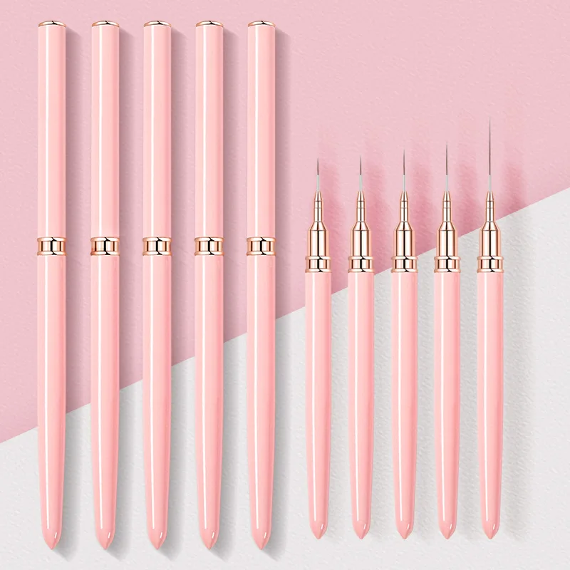 Professional 5pcs 7/9/11/15/25mm ultra-fine Gel Liner Nail Art Brush For Nail Salon Tool Pink Acrylic Nail Art Liner Brush Pen