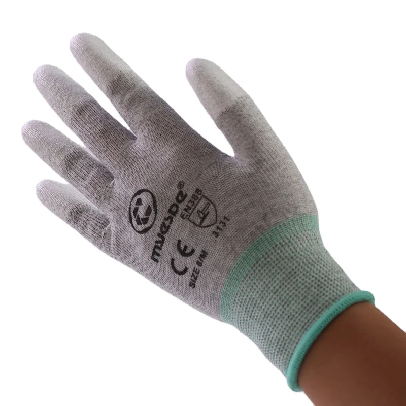 Light Weight  Nylon Carbon PU Fingertip Coated Antistatic ESD Gloves  with Conductive Carbon fiber